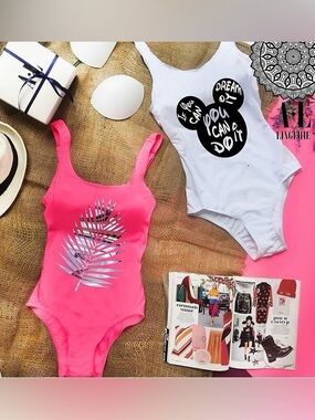 White Graphic One-Piece Swimsuit with Black Motif